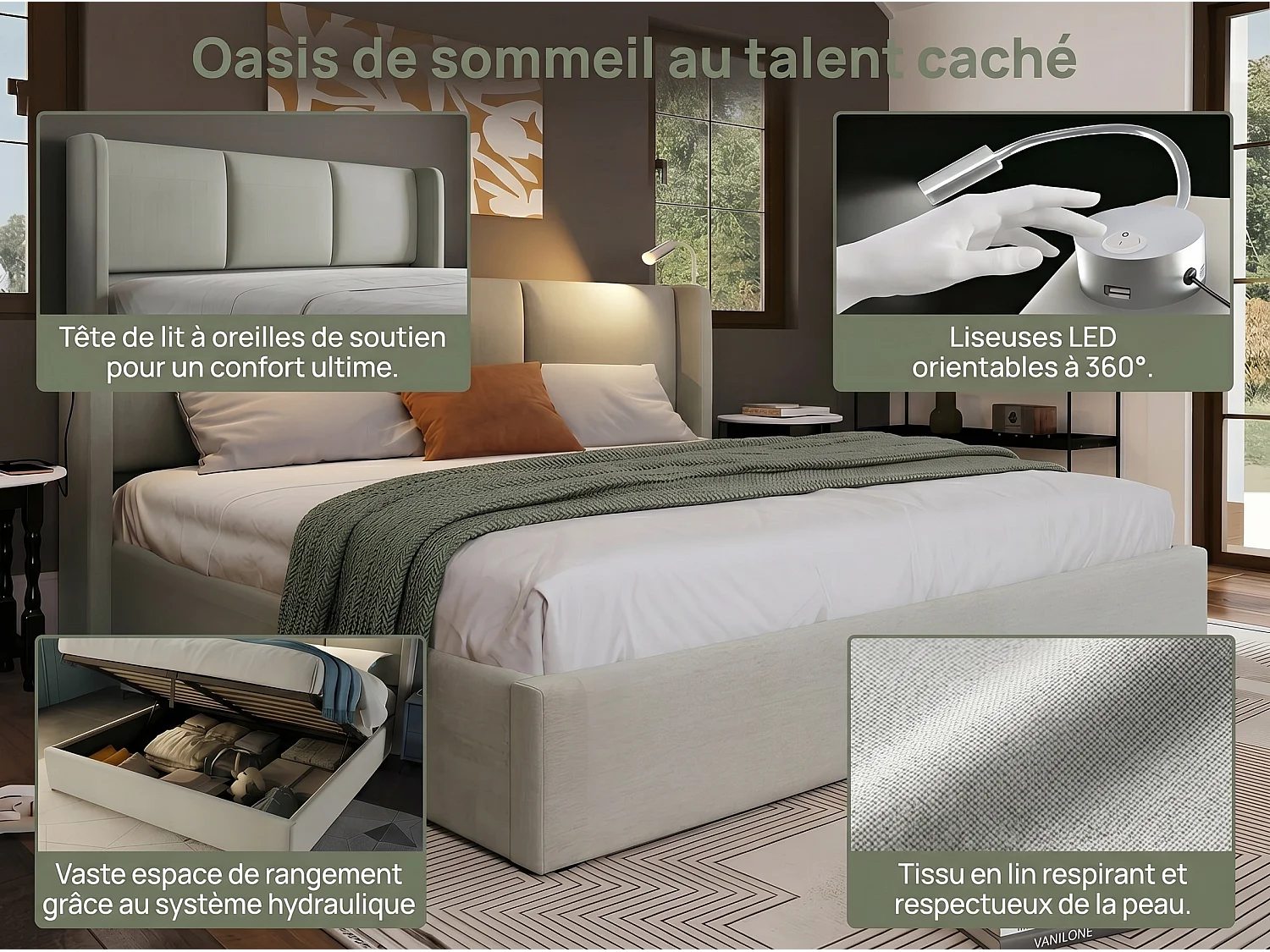 Lit coffre 160 x 200 cm - Lit double adulte capitonné avec sommier à lattes, LED et port USB - tissu effet lin beige