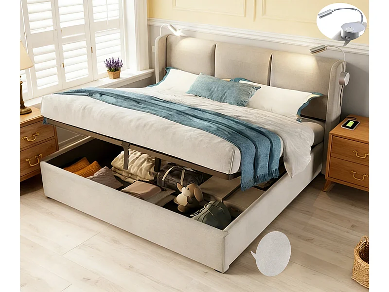 Lit coffre 160x200 cm avec LED et USB - lit adulte 160x200 cm capitonné soldes - cadre de lit double 160x200 cm avec sommier à lattes - tissu en lin - beige