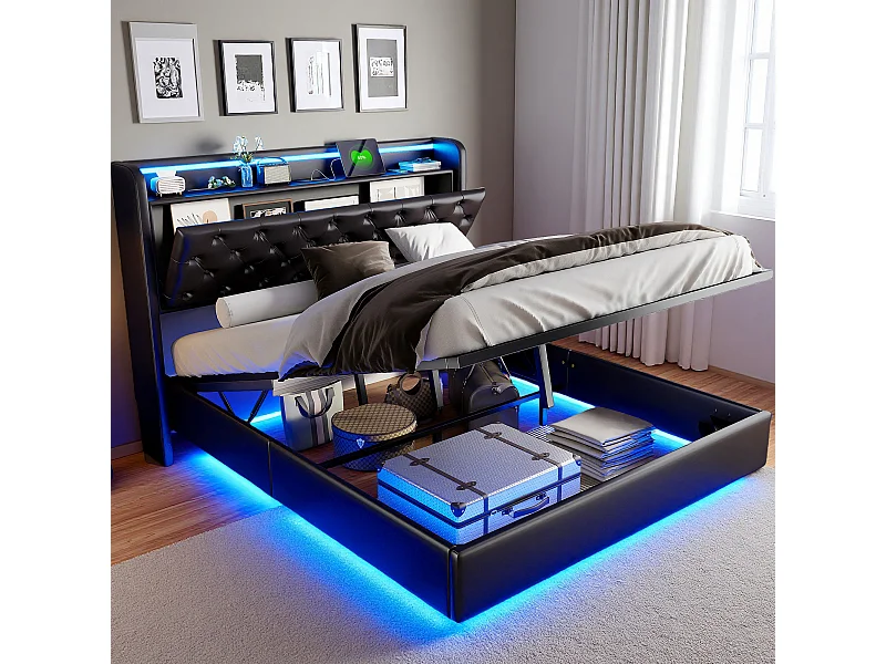 Lit flottant 140x200 cm avec sommier à lattes - cadre de lit coffre 140x200 cm avec LED et USB - Lit adulte 140x200 cm soldes - tissu en PU - noir