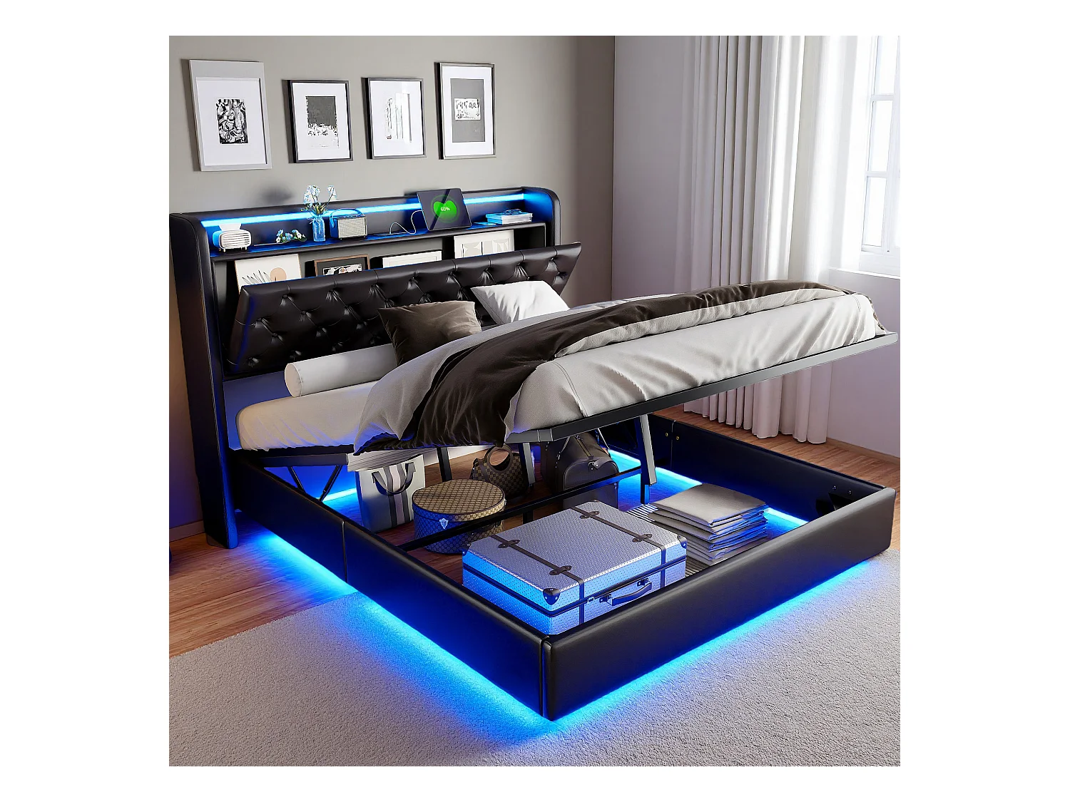 Lit flottant 140x200 cm avec sommier à lattes - cadre de lit coffre 140x200 cm avec LED et USB - Lit adulte 140x200 cm soldes - tissu en PU - noir