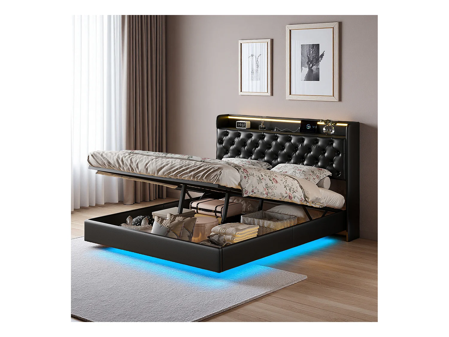 Lit flottant 140x200 cm avec sommier à lattes - cadre de lit coffre 140x200 cm avec LED et USB - Lit adulte 140x200 cm soldes - tissu en PU - noir