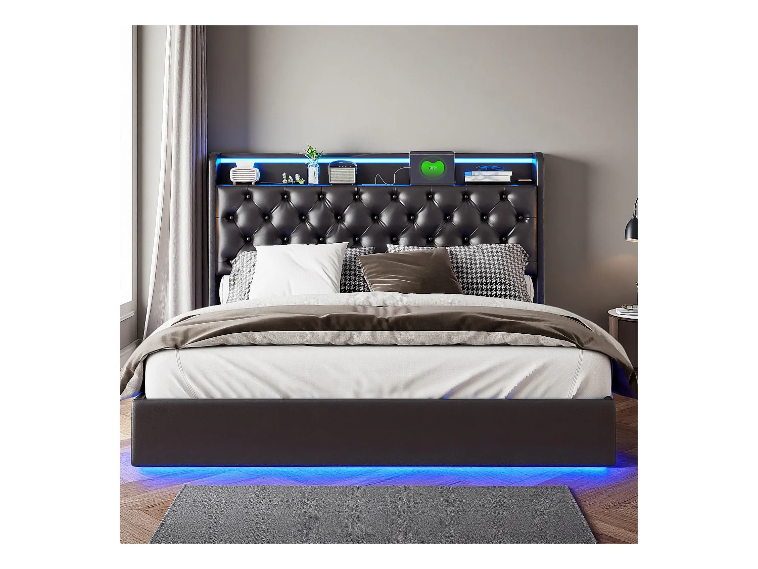 Lit flottant 140x200 cm avec sommier à lattes - cadre de lit coffre 140x200 cm avec LED et USB - Lit adulte 140x200 cm soldes - tissu en PU - noir