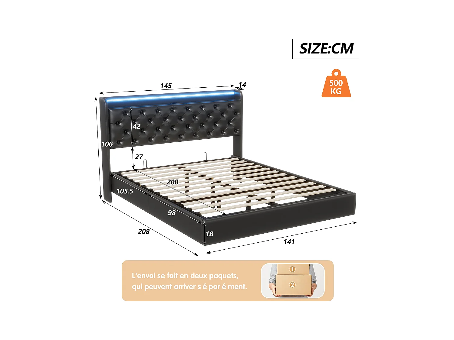 Lit flottant 140x200 cm avec sommier à lattes - cadre de lit coffre 140x200 cm avec LED et USB - Lit adulte 140x200 cm soldes - tissu en PU - noir