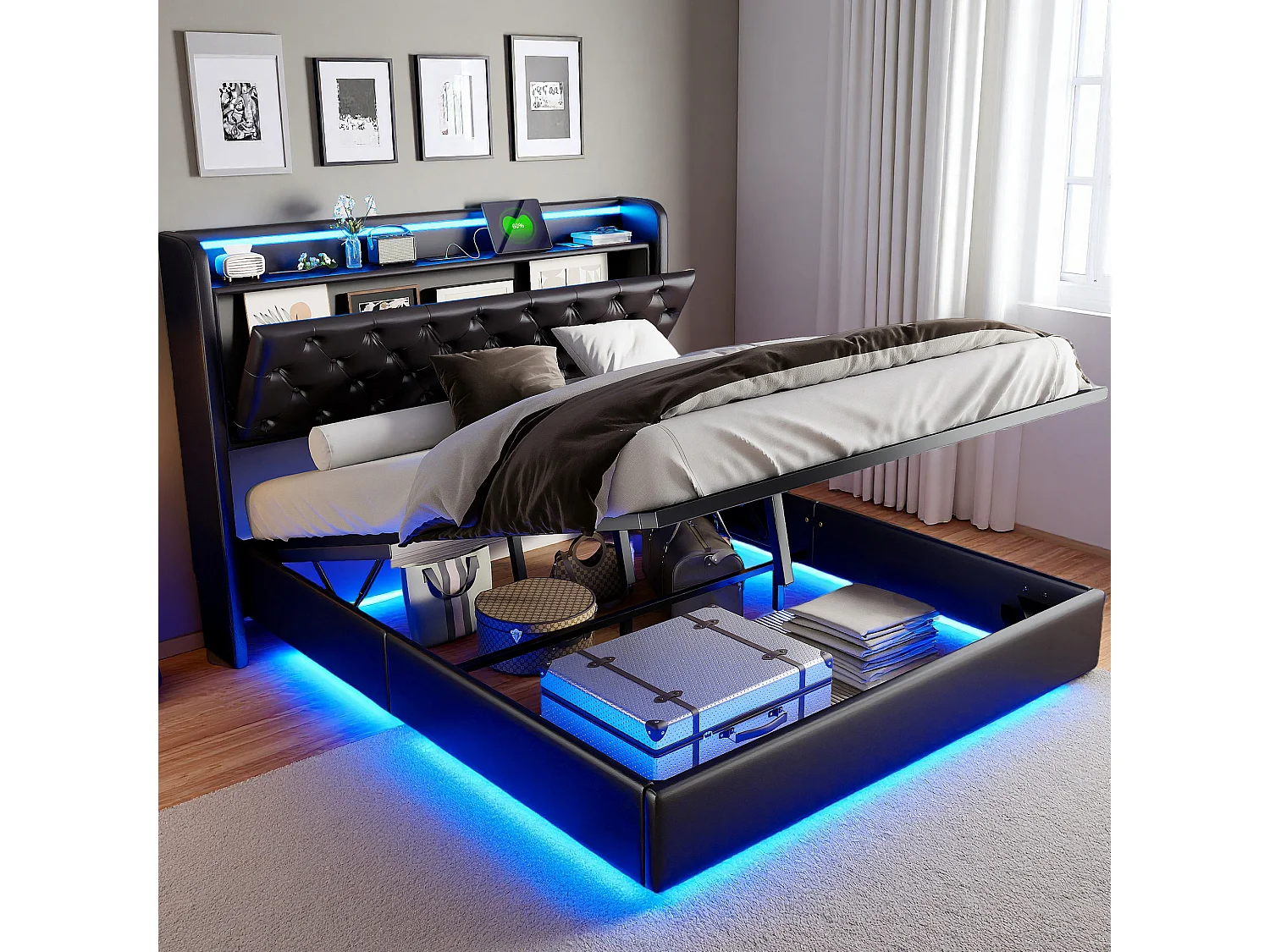 Lit flottant 140x200 cm avec sommier à lattes - cadre de lit coffre 140x200 cm avec LED et USB - Lit adulte 140x200 cm soldes - tissu en PU - noir