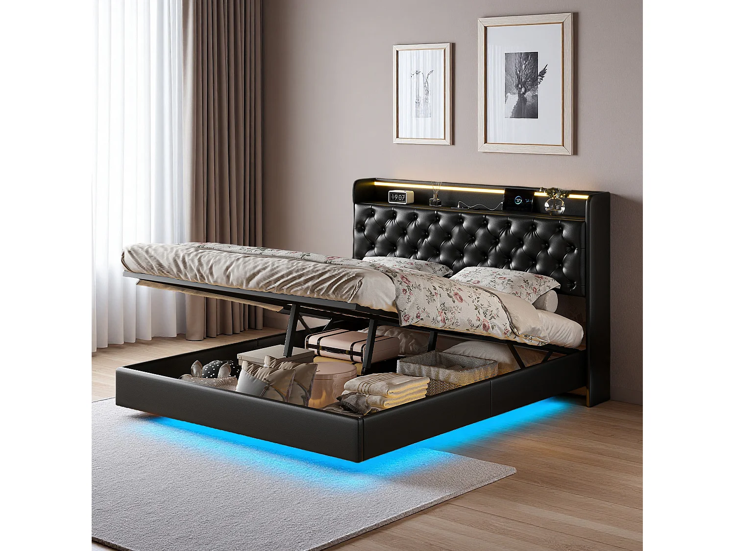 Lit flottant 140x200 cm avec sommier à lattes - cadre de lit coffre 140x200 cm avec LED et USB - Lit adulte 140x200 cm soldes - tissu en PU - noir