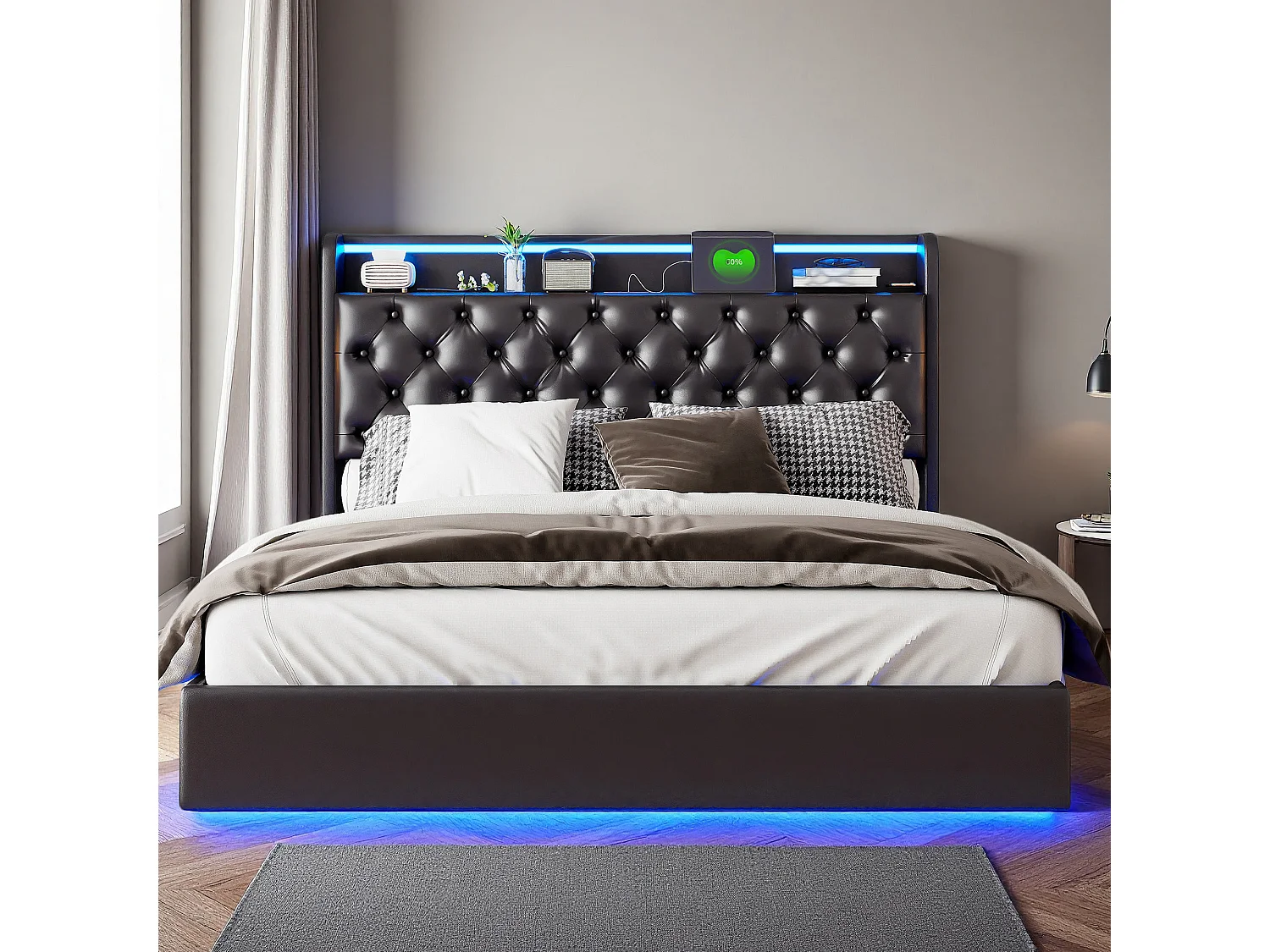 Lit flottant 140x200 cm avec sommier à lattes - cadre de lit coffre 140x200 cm avec LED et USB - Lit adulte 140x200 cm soldes - tissu en PU - noir