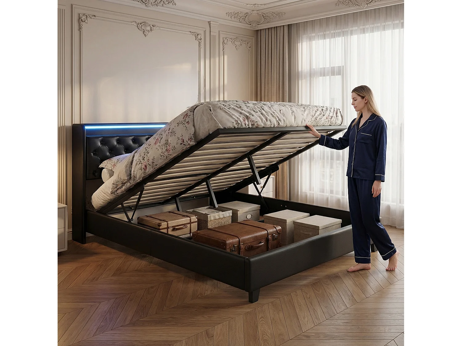 Lit flottant coffre 140x200 cm avec sommier à lattes, LED et ports de charge, revêtement en PU noir