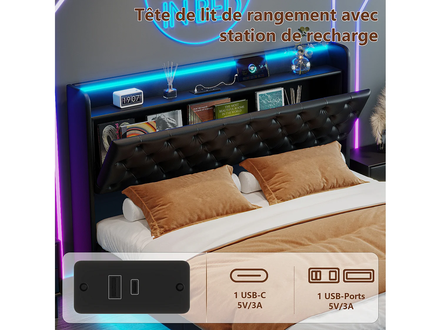 Lit flottant coffre 140x200 cm avec sommier à lattes, LED et ports de charge, revêtement en PU noir