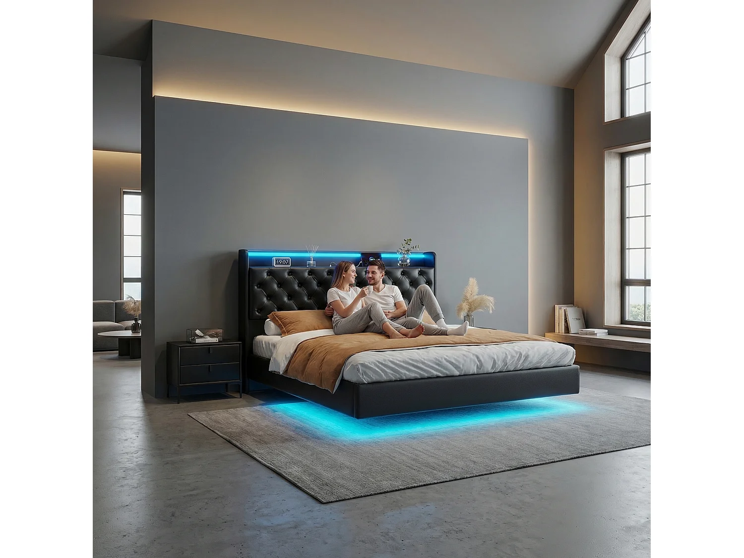 Lit flottant coffre 140x200 cm avec sommier à lattes, LED et ports de charge, revêtement en PU noir