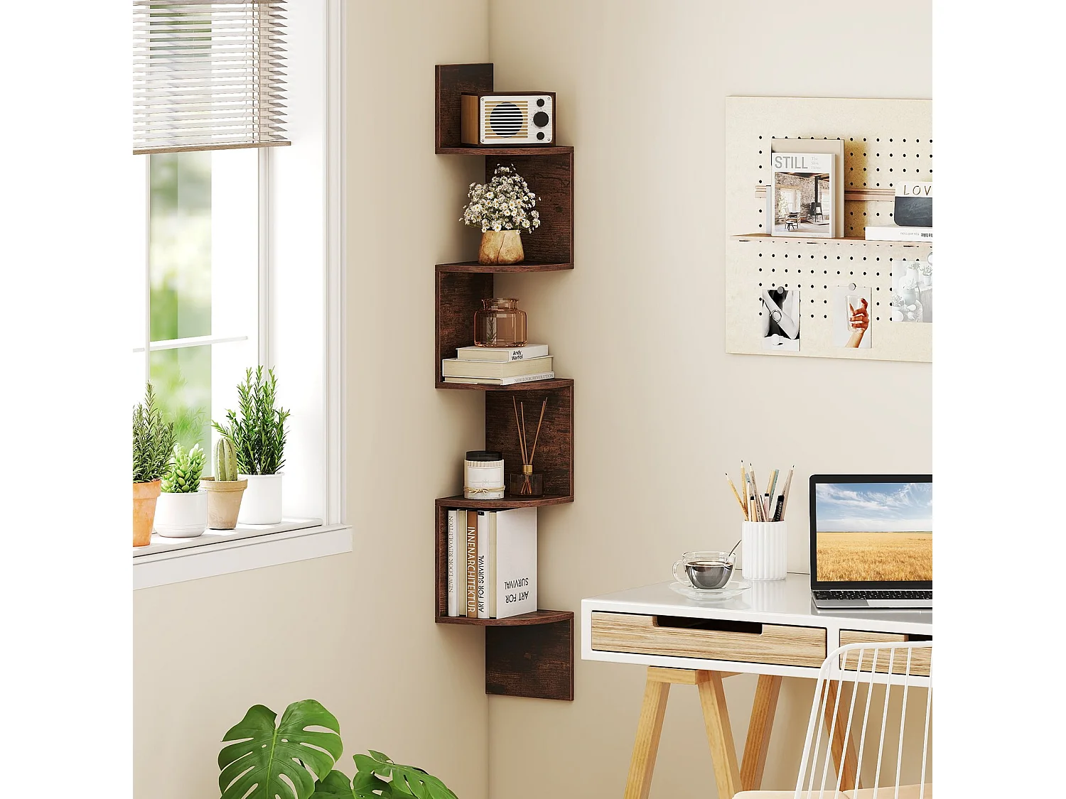 5-stöckiges Hängendes Eckregal Schwebendes Bücherregal Wandmontiertes Schweberegal