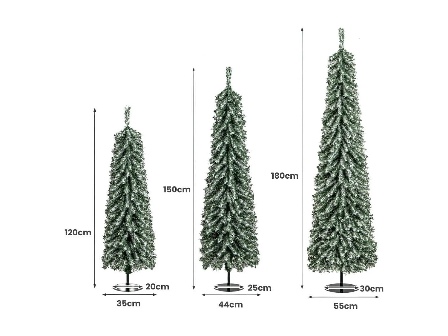 Lot de 3 Sapins de Noël Artificiels de 120+150+180 cm Sapins de Noël en Forme de Crayon 216+302+505 Branches 100+120+180 Lumières LED