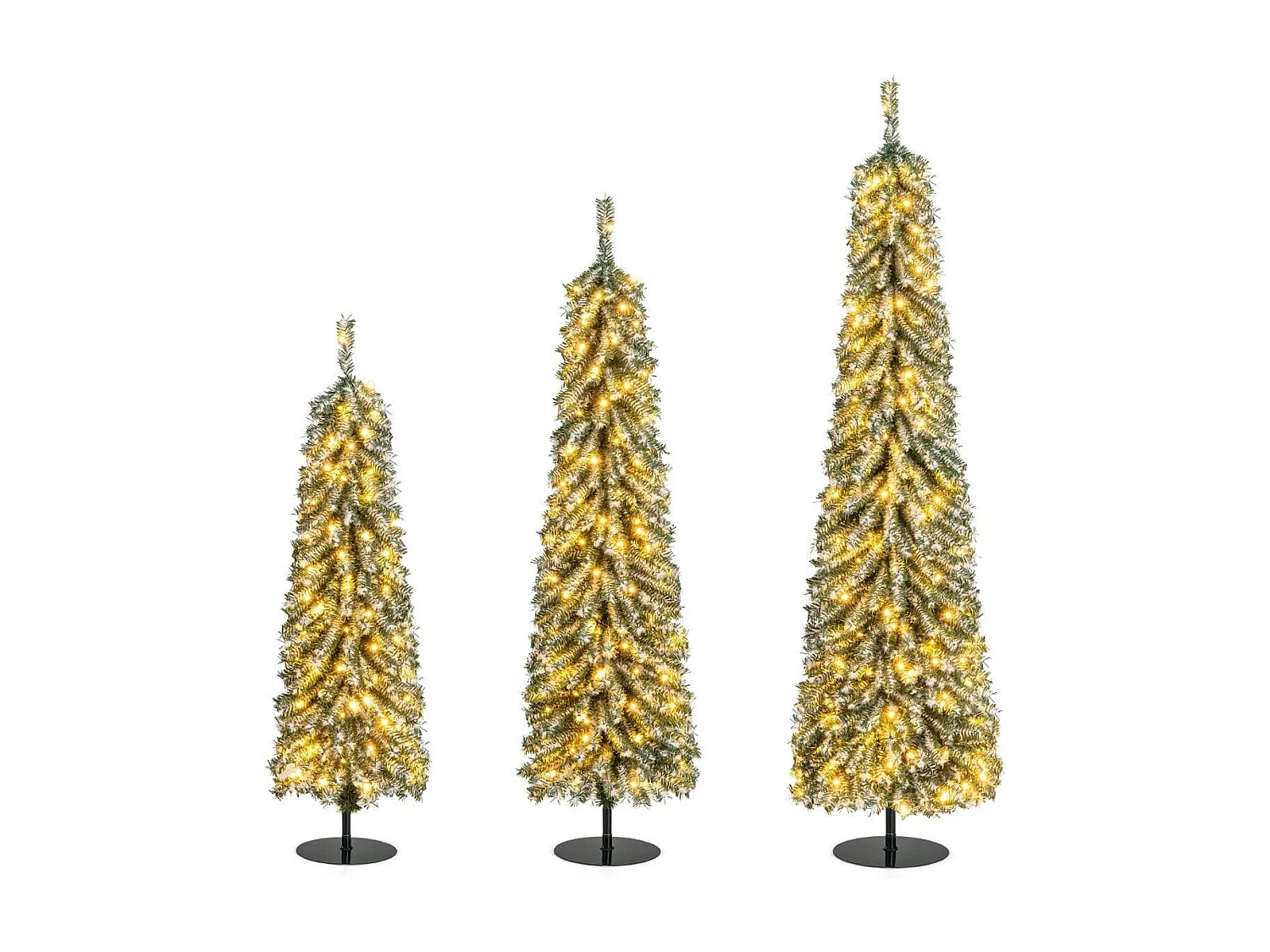 Lot de 3 Sapins de Noël Artificiels de 120+150+180 cm Sapins de Noël en Forme de Crayon 216+302+505 Branches 100+120+180 Lumières LED