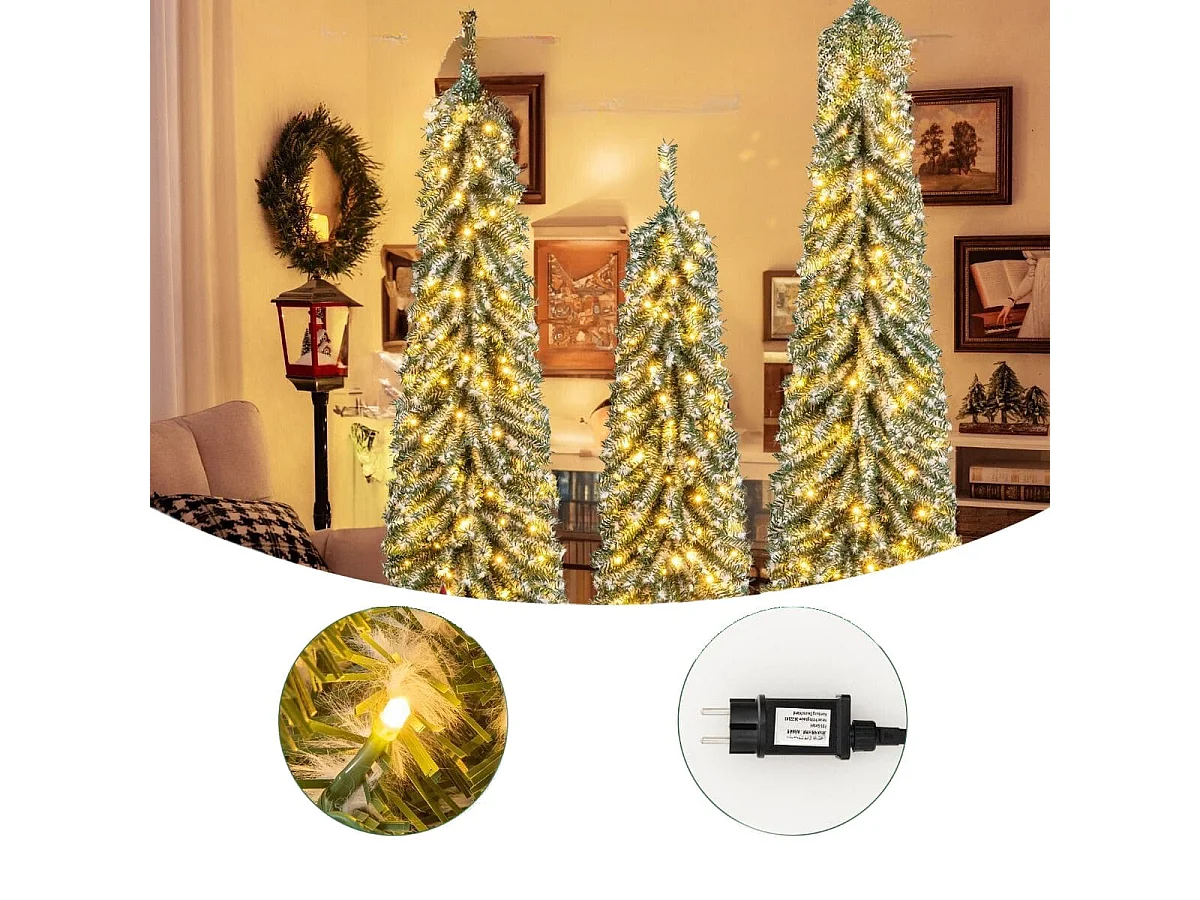 Lot de 3 Sapins de Noël Artificiels de 120+150+180 cm Sapins de Noël en Forme de Crayon 216+302+505 Branches 100+120+180 Lumières LED