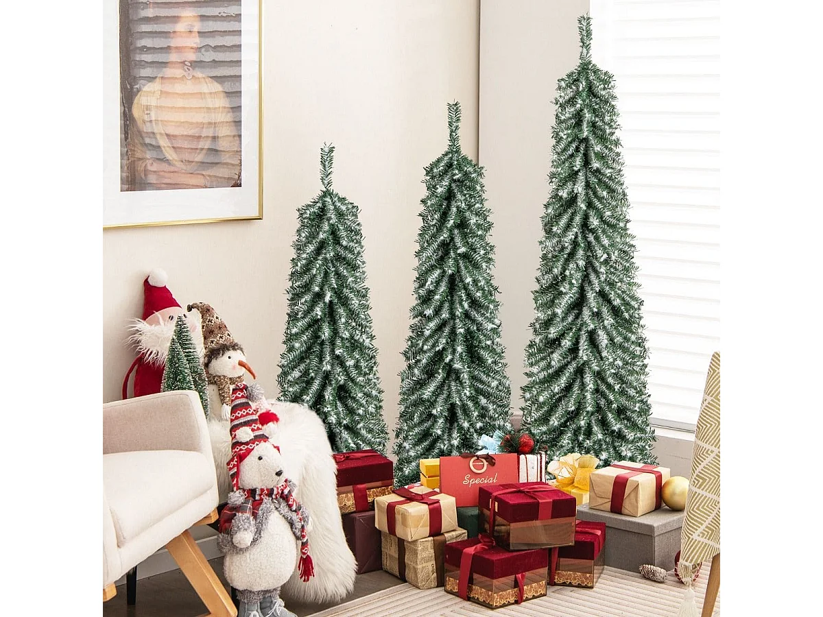 Lot de 3 Sapins de Noël Artificiels de 120+150+180 cm Sapins de Noël en Forme de Crayon 216+302+505 Branches 100+120+180 Lumières LED