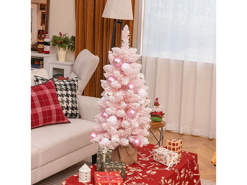 Albero di Natale artificiale mini da 90cm con 12 palline di cotone naturale, Albero da tavolo decorato Rosa