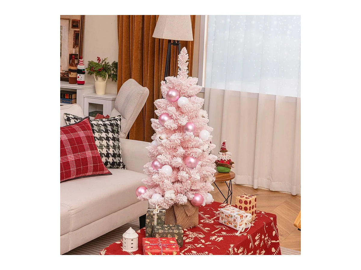 Albero di Natale artificiale mini da 90cm con 12 palline di cotone naturale, Albero da tavolo decorato Rosa