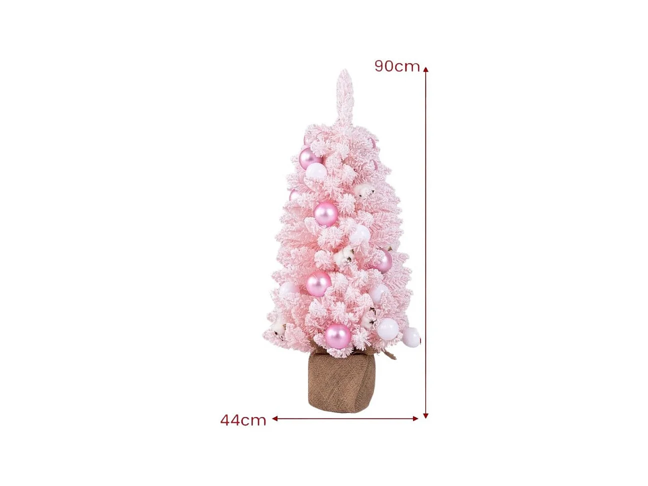 Albero di Natale artificiale mini da 90cm con 12 palline di cotone naturale, Albero da tavolo decorato Rosa