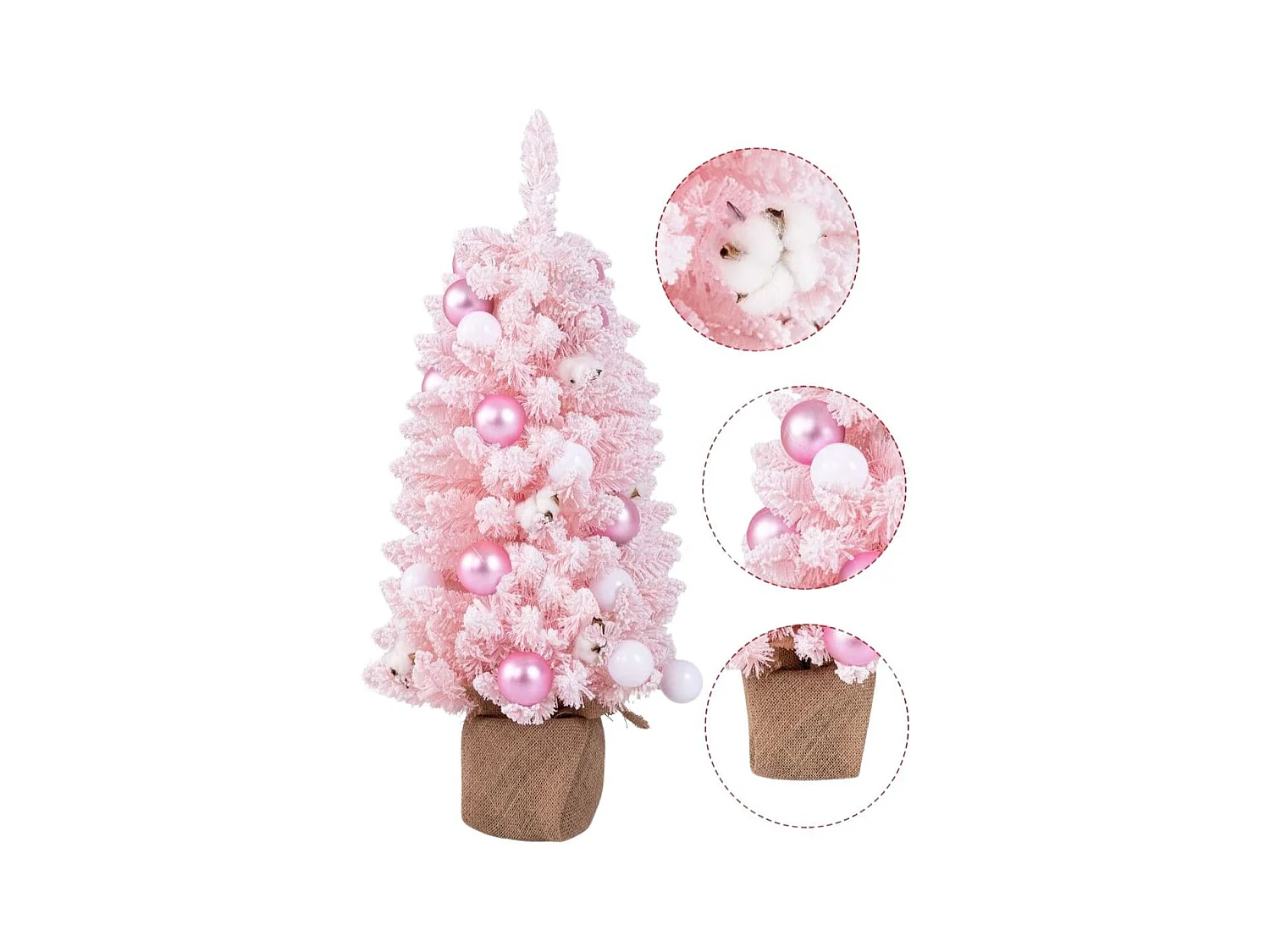 Albero di Natale artificiale mini da 90cm con 12 palline di cotone naturale, Albero da tavolo decorato Rosa