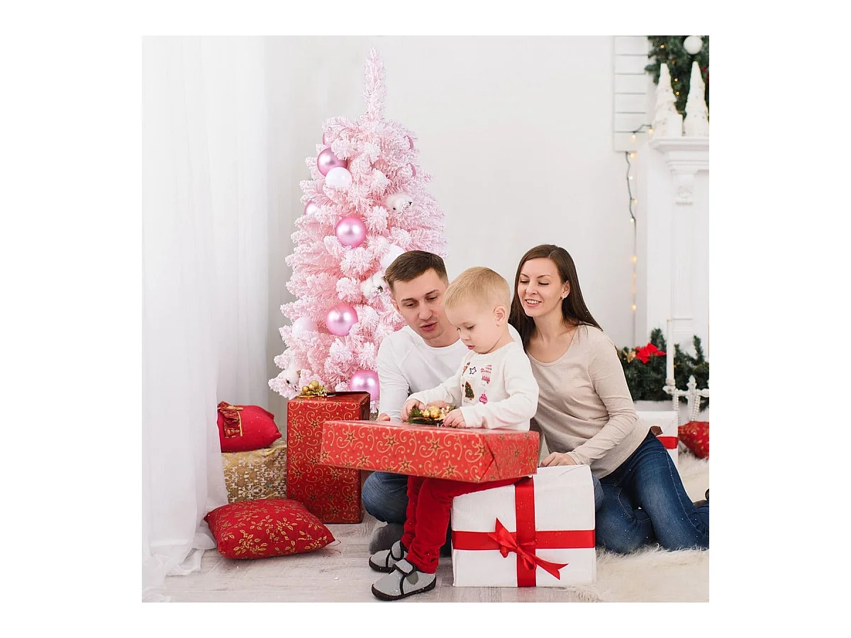 Albero di Natale artificiale mini da 90cm con 12 palline di cotone naturale, Albero da tavolo decorato Rosa