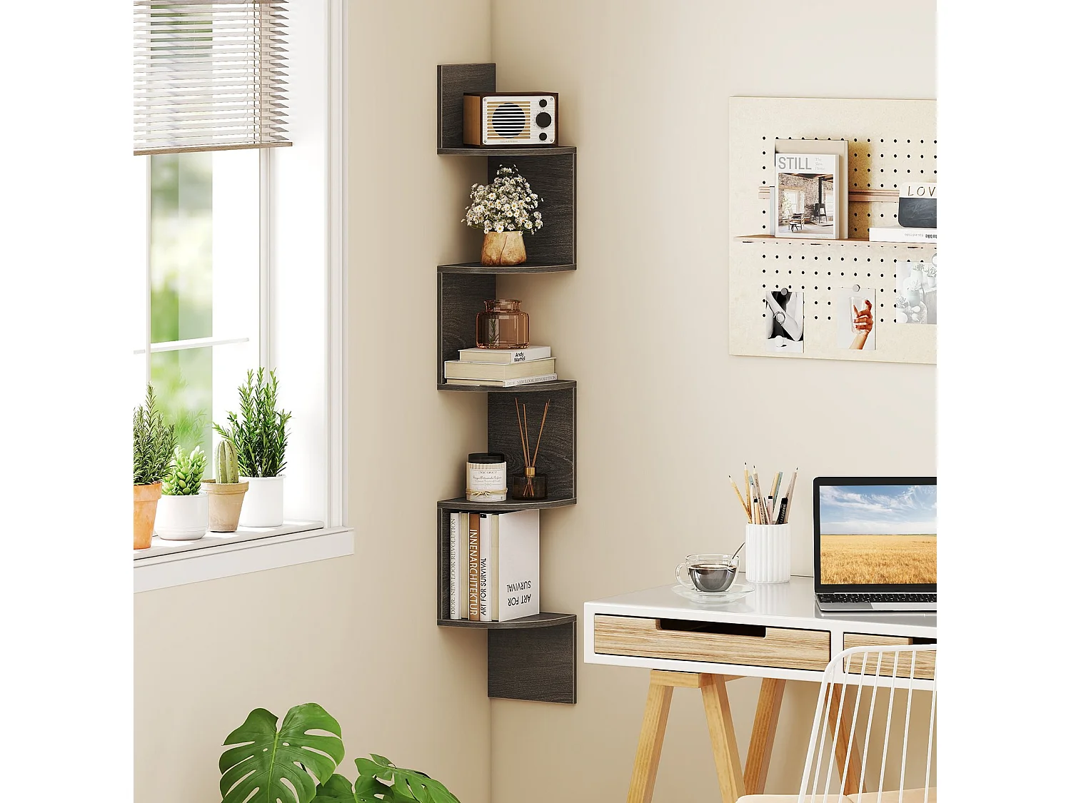 5-stöckiges Hängendes Eckregal Schwebendes Bücherregal Wandmontiertes Schweberegal Grau