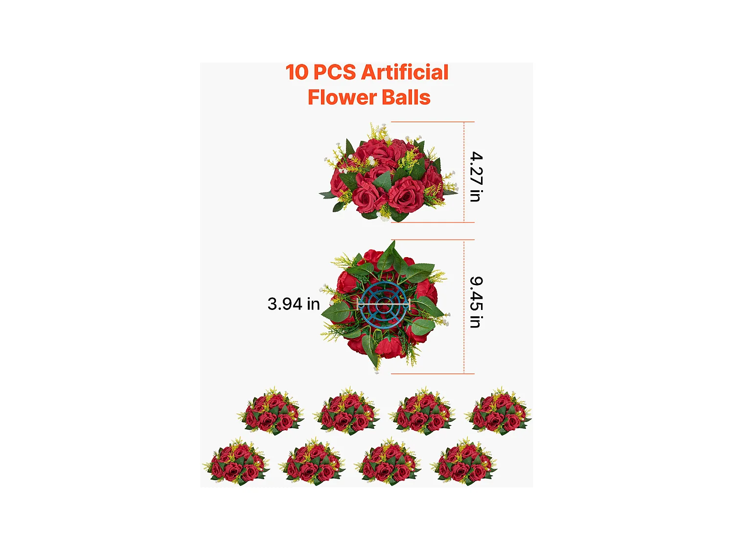 Palle di Fiori Artificiali SucceBuy, Lotto di 10, 24 cm, Composizioni di Rose Rosse Artificiali, Fiori Finti Decorativi per Centrotavola