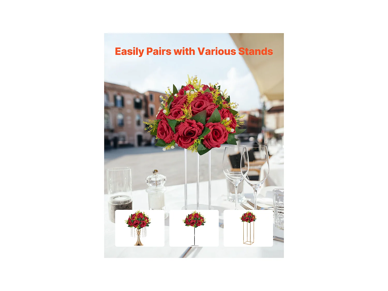 Palle di Fiori Artificiali SucceBuy, Lotto di 10, 24 cm, Composizioni di Rose Rosse Artificiali, Fiori Finti Decorativi per Centrotavola