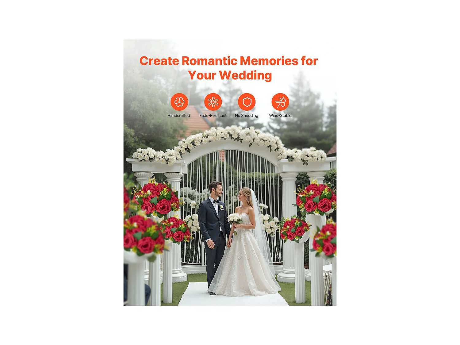 Palle di Fiori Artificiali SucceBuy, Lotto di 10, 24 cm, Composizioni di Rose Rosse Artificiali, Fiori Finti Decorativi per Centrotavola