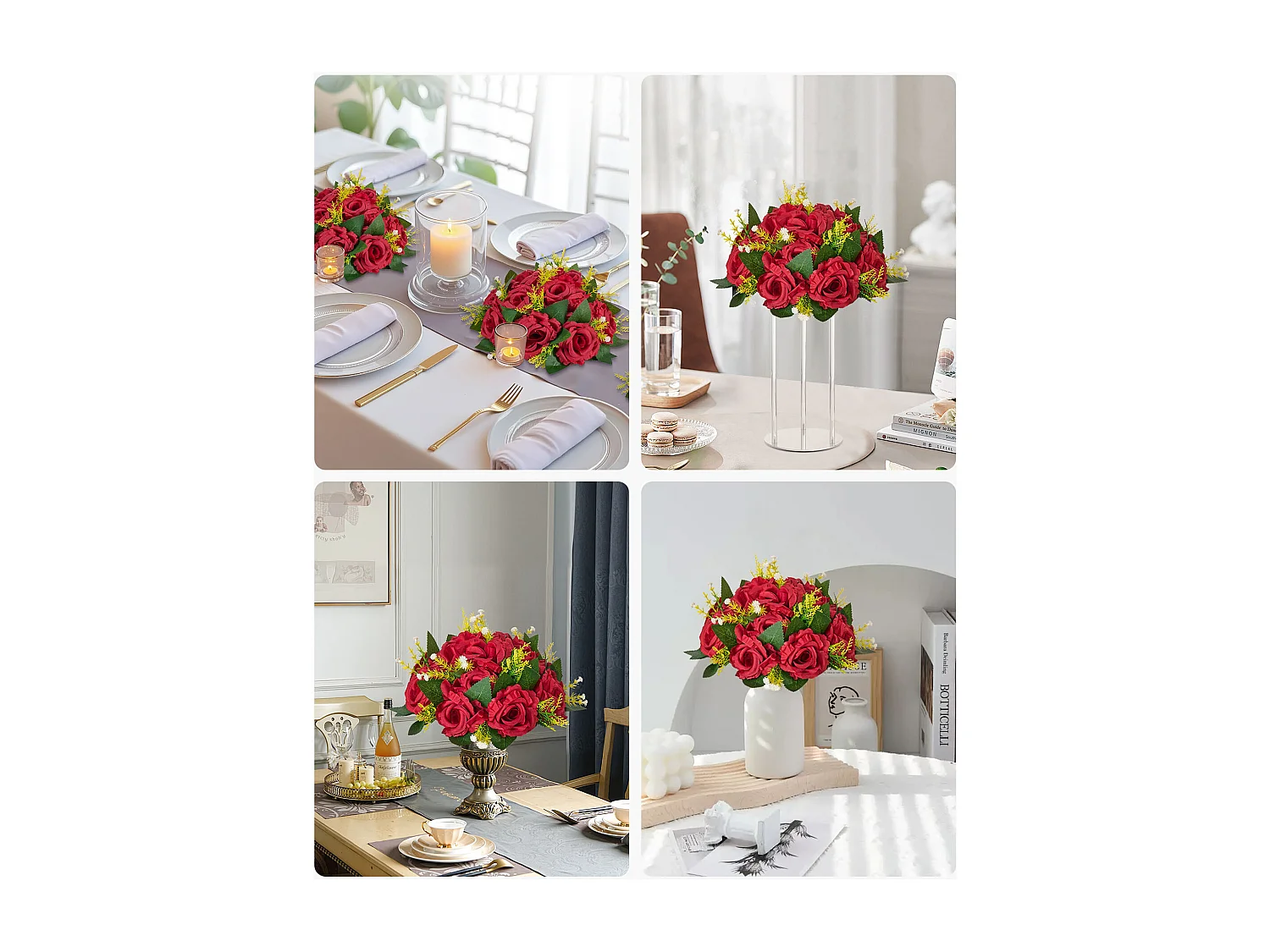 Boules de Fleurs Artificielles SucceBuy, Lot de 10, 24 cm, Compositions de Roses Rouges Artificielles, Fausses Fleurs Décoratives pour Centres de Table