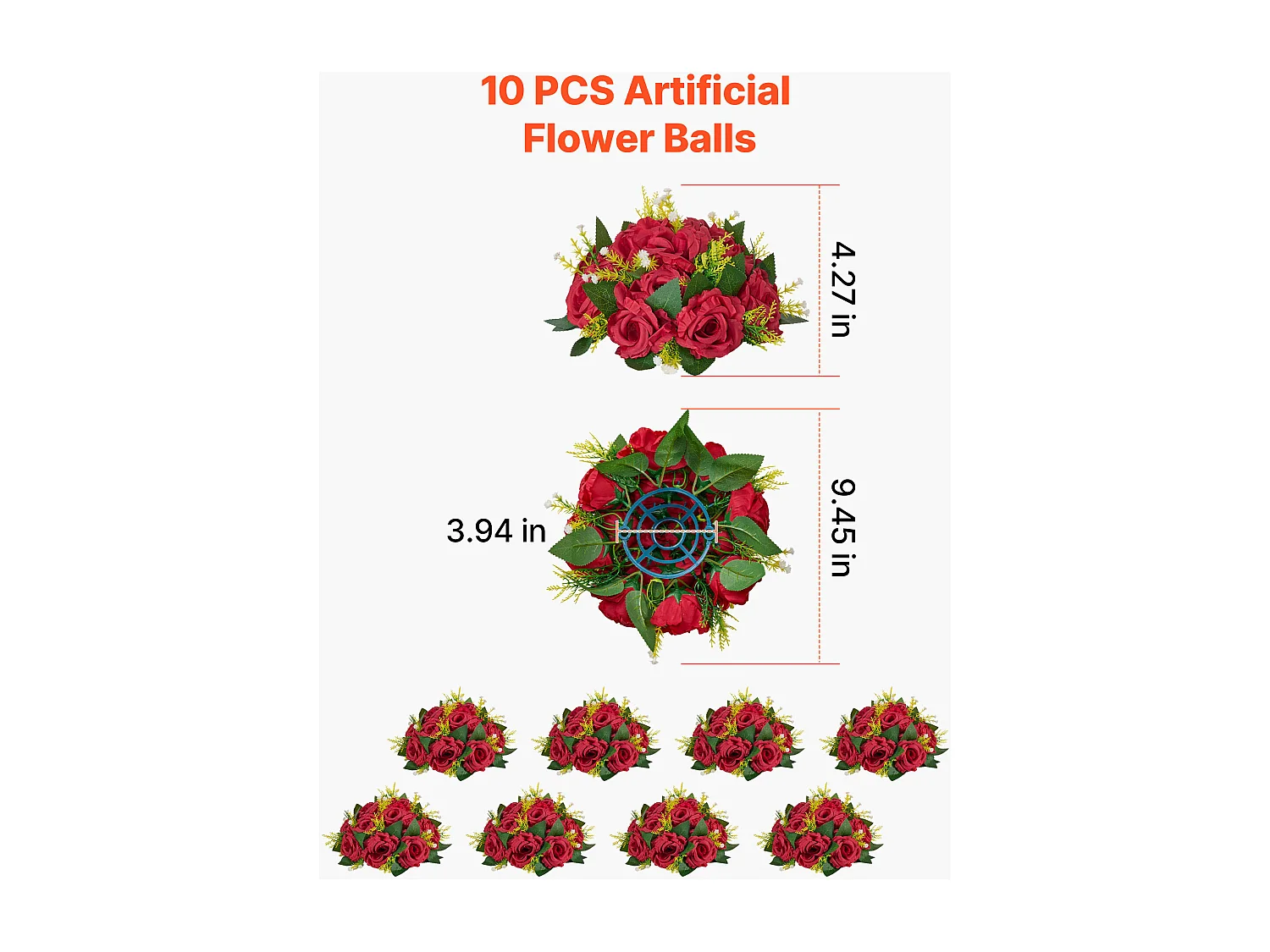 Boules de Fleurs Artificielles SucceBuy, Lot de 10, 24 cm, Compositions de Roses Rouges Artificielles, Fausses Fleurs Décoratives pour Centres de Table