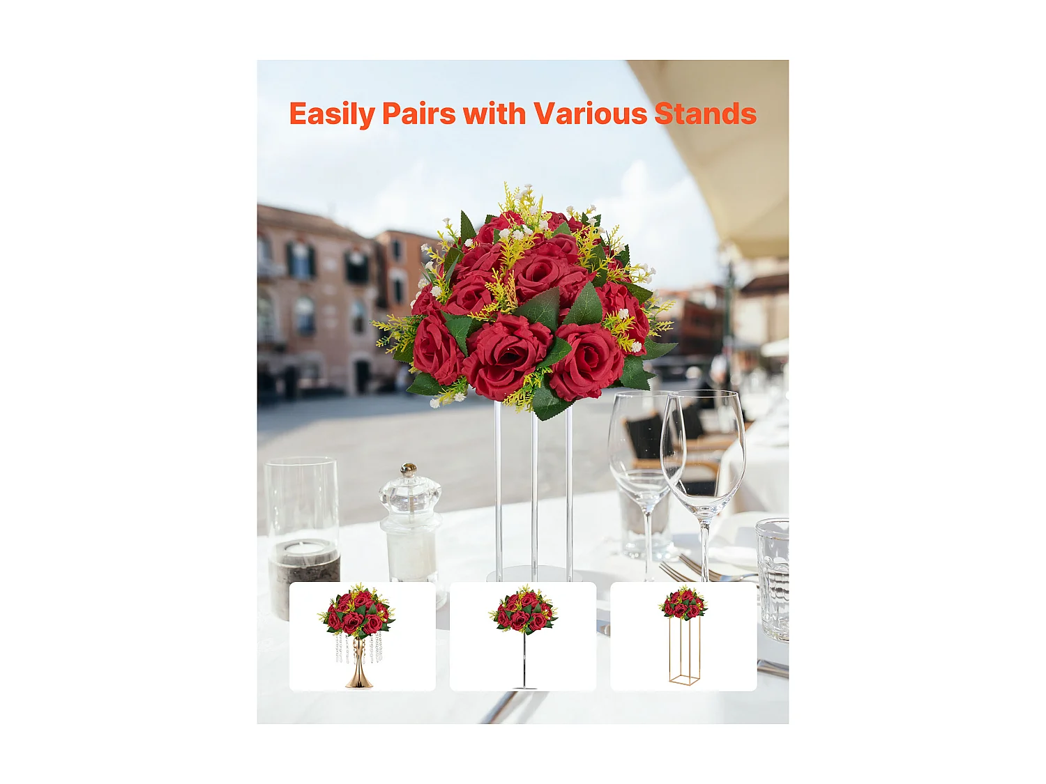 Boules de Fleurs Artificielles SucceBuy, Lot de 10, 24 cm, Compositions de Roses Rouges Artificielles, Fausses Fleurs Décoratives pour Centres de Table