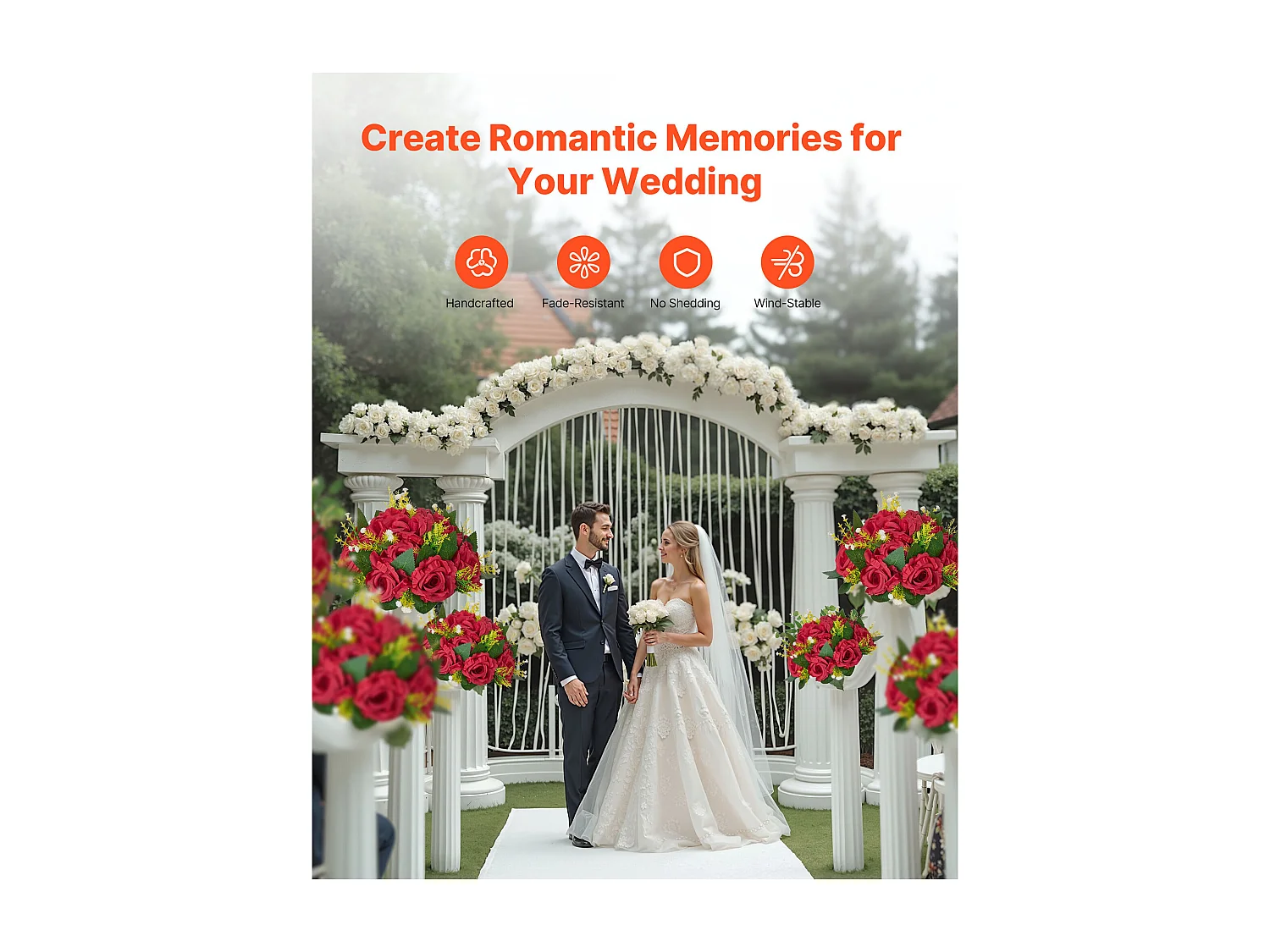 Boules de Fleurs Artificielles SucceBuy, Lot de 10, 24 cm, Compositions de Roses Rouges Artificielles, Fausses Fleurs Décoratives pour Centres de Table