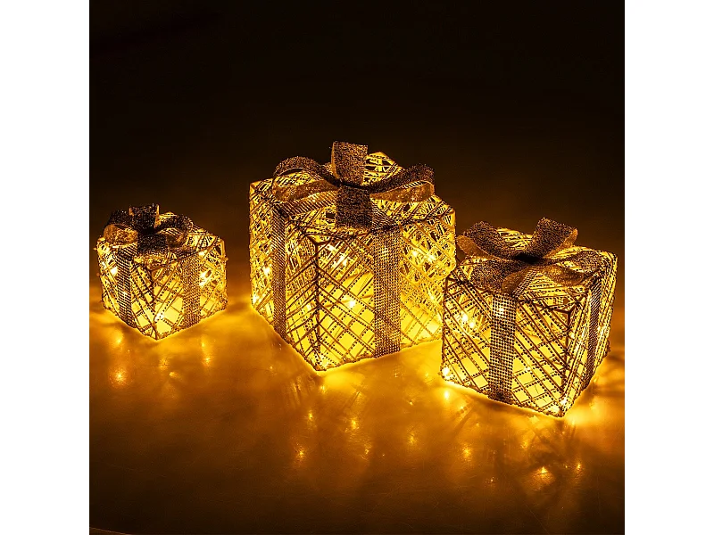 3er Set LED Geschenkboxen mit 48 Warmweißen LED Lichtern & Abnehmbare Schleifen