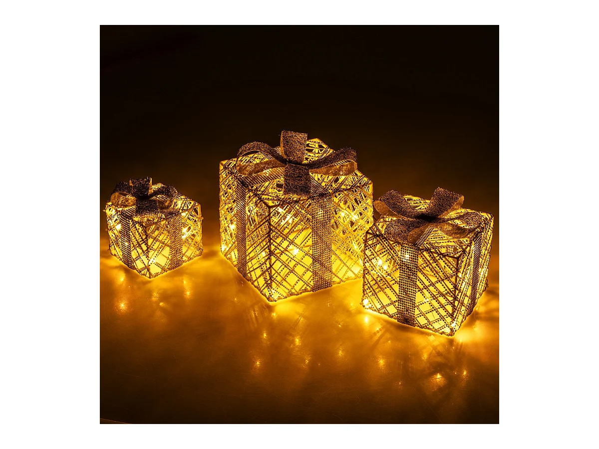3er Set LED Geschenkboxen mit 48 Warmweißen LED Lichtern & Abnehmbare Schleifen