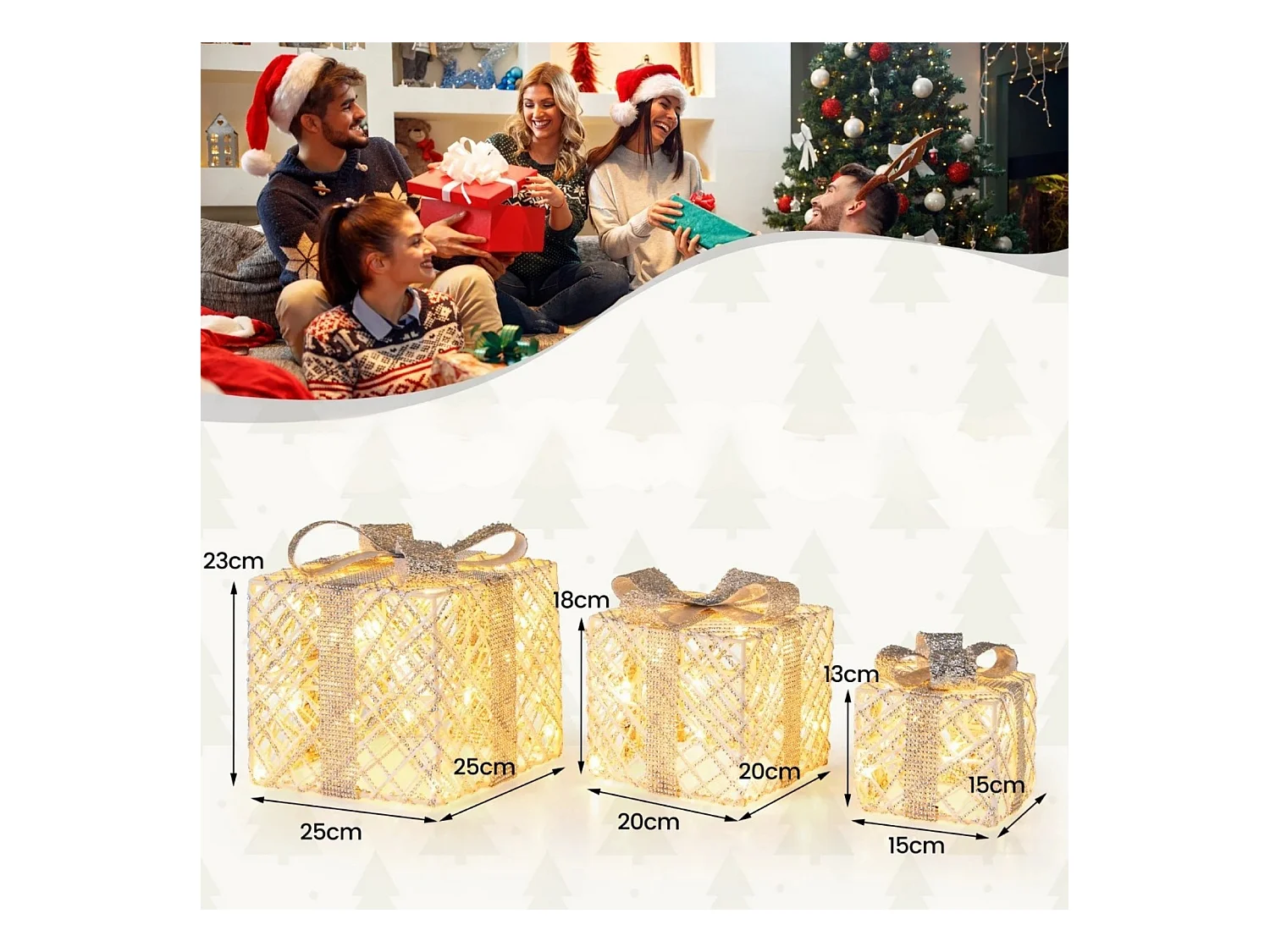 3er Set LED Geschenkboxen mit 48 Warmweißen LED Lichtern & Abnehmbare Schleifen