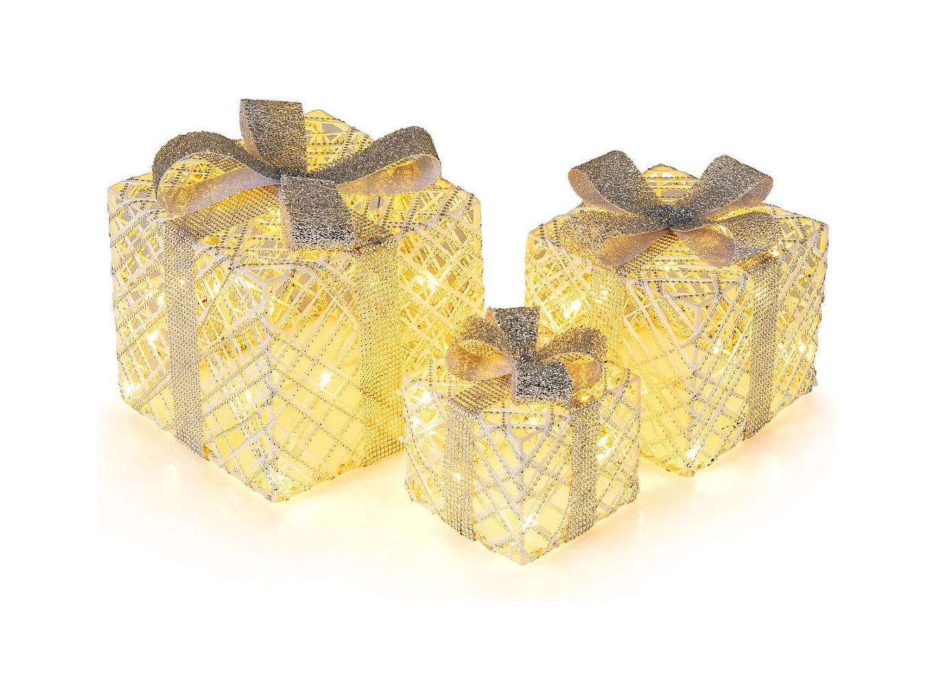 3er Set LED Geschenkboxen mit 48 Warmweißen LED Lichtern & Abnehmbare Schleifen