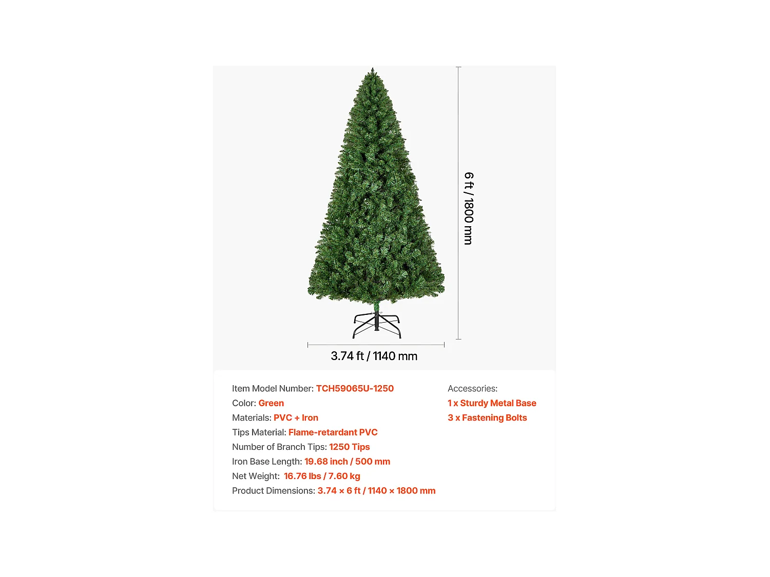 Kunstmatige Kerstboom SucceBuy 180 cm, Kunstmatige Kerstboom Binnenhuisdecoratie met 1250 PVC Takken, Metalen Voet, Decoratieve Boom voor Woonkamer