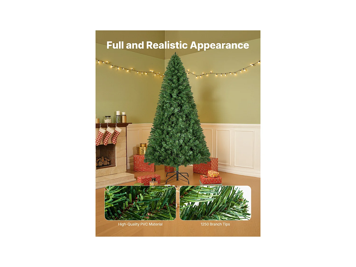 Kunstmatige Kerstboom SucceBuy 180 cm, Kunstmatige Kerstboom Binnenhuisdecoratie met 1250 PVC Takken, Metalen Voet, Decoratieve Boom voor Woonkamer