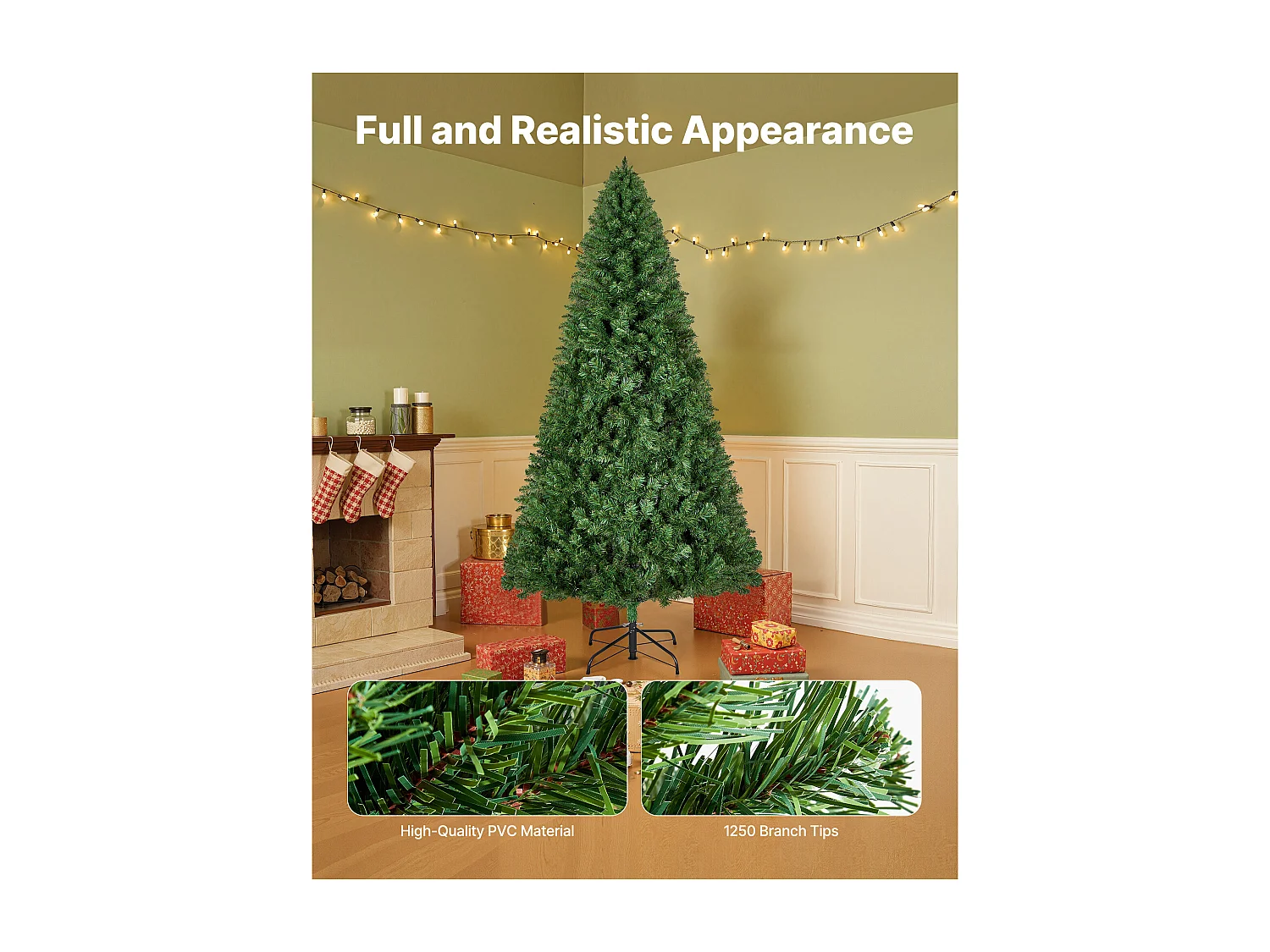 Kunstmatige Kerstboom SucceBuy 180 cm, Kunstmatige Kerstboom Binnenhuisdecoratie met 1250 PVC Takken, Metalen Voet, Decoratieve Boom voor Woonkamer