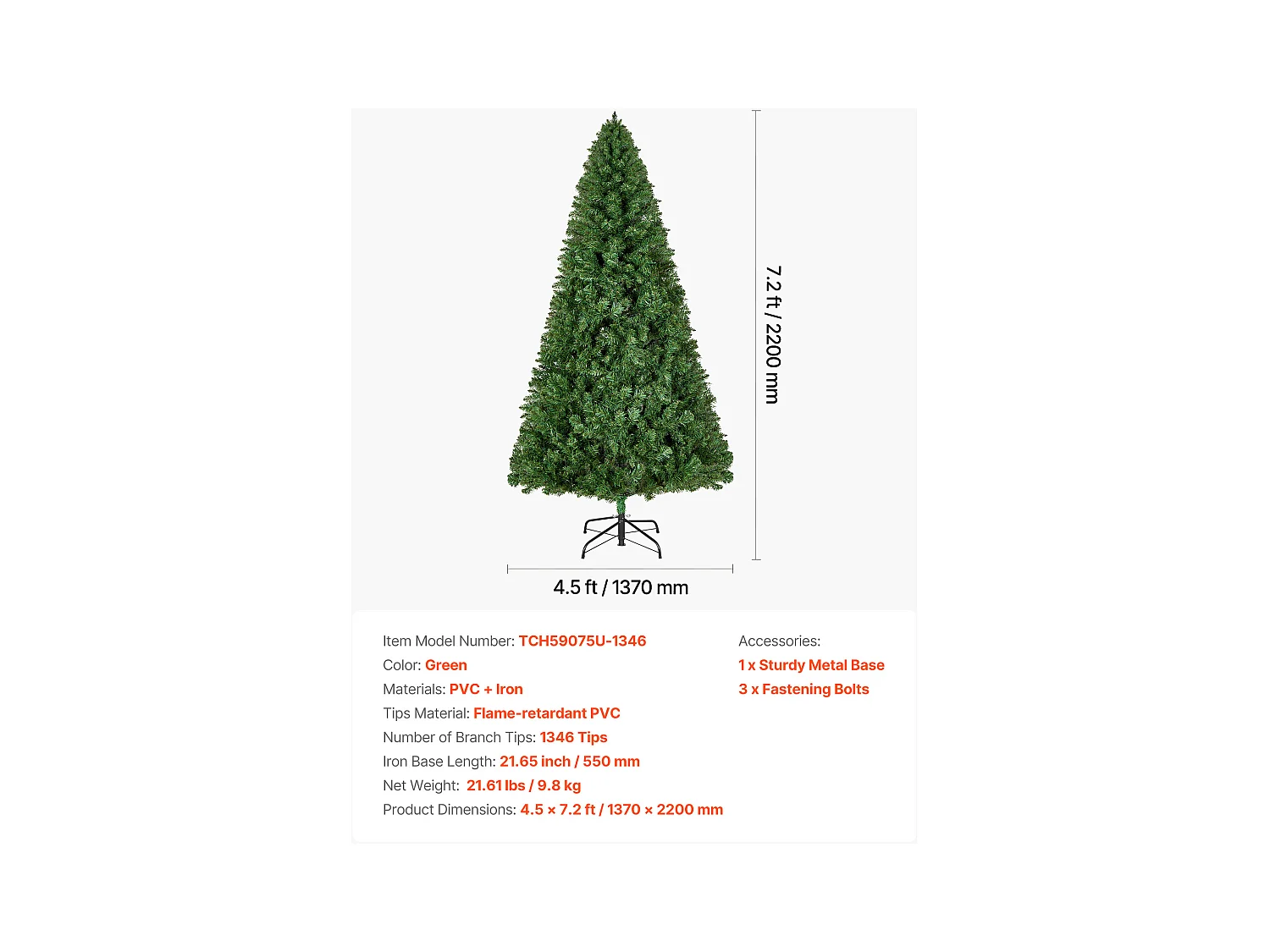 Kunstmatige Kerstboom SucceBuy 220 cm, Kunstmatige Kerstboom Binnenhuisdecoratie met 1346 PVC Takken, Metalen Voet, Decoratieve Boom voor Woonkamer