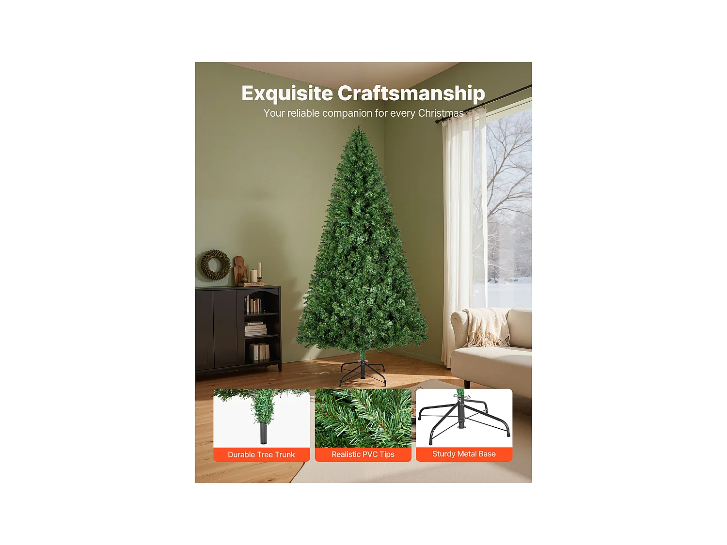 Kunstmatige Kerstboom SucceBuy 220 cm, Kunstmatige Kerstboom Binnenhuisdecoratie met 1346 PVC Takken, Metalen Voet, Decoratieve Boom voor Woonkamer