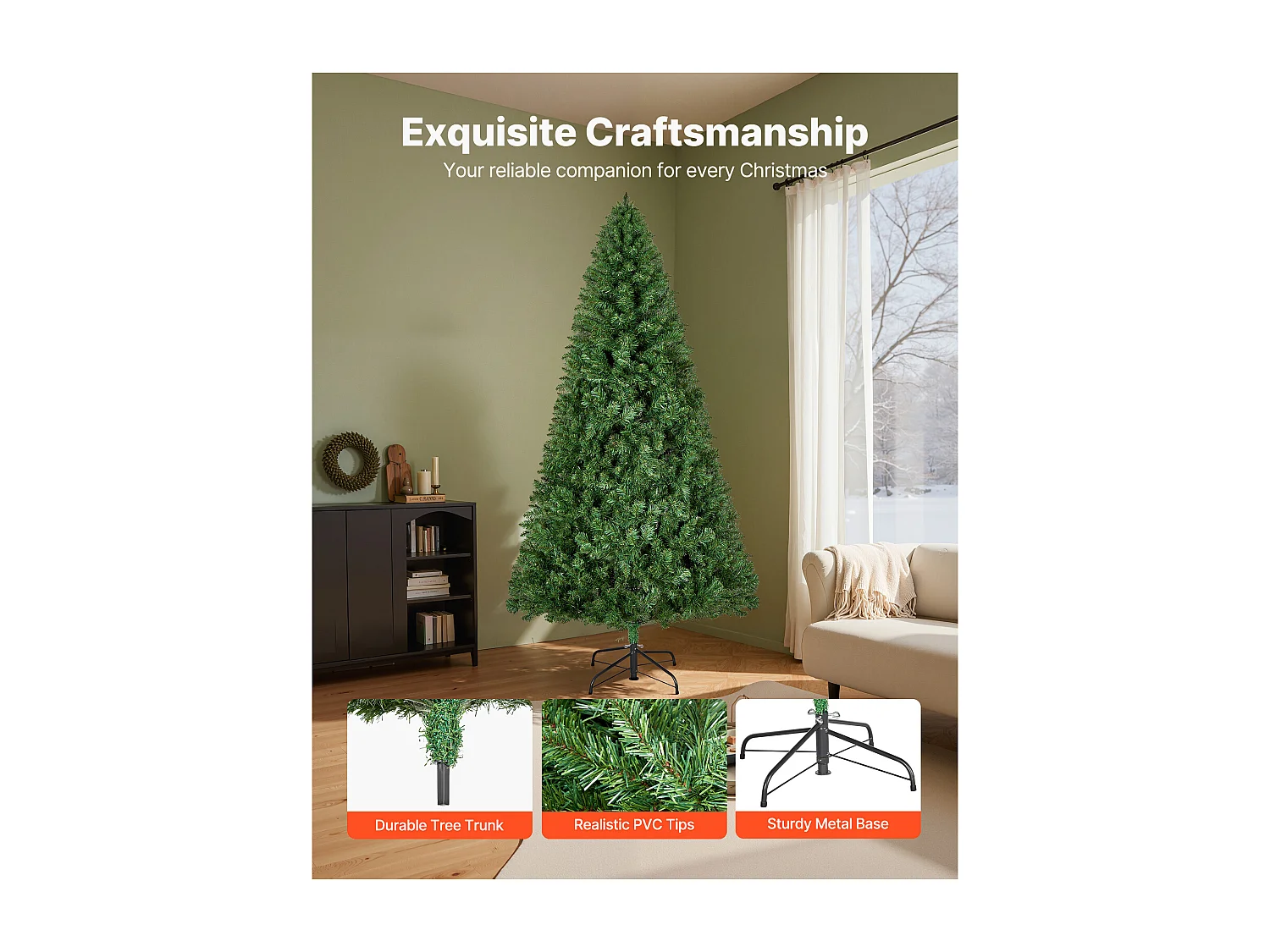 Sapin de Noël Artificiel SucceBuy 220 cm, Arbre Artificiel de Noël Décoration Intérieur avec 1346 Branches PVC, Base en Métal, Arbre Décoratif pour Salon