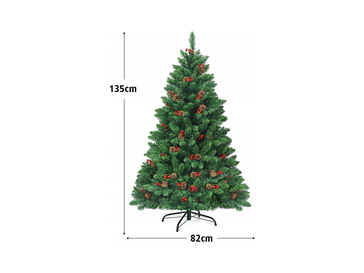 Albero di Natale 135 cm 516 rami, Abete artificiale con base resistente di metallo pigne decorative