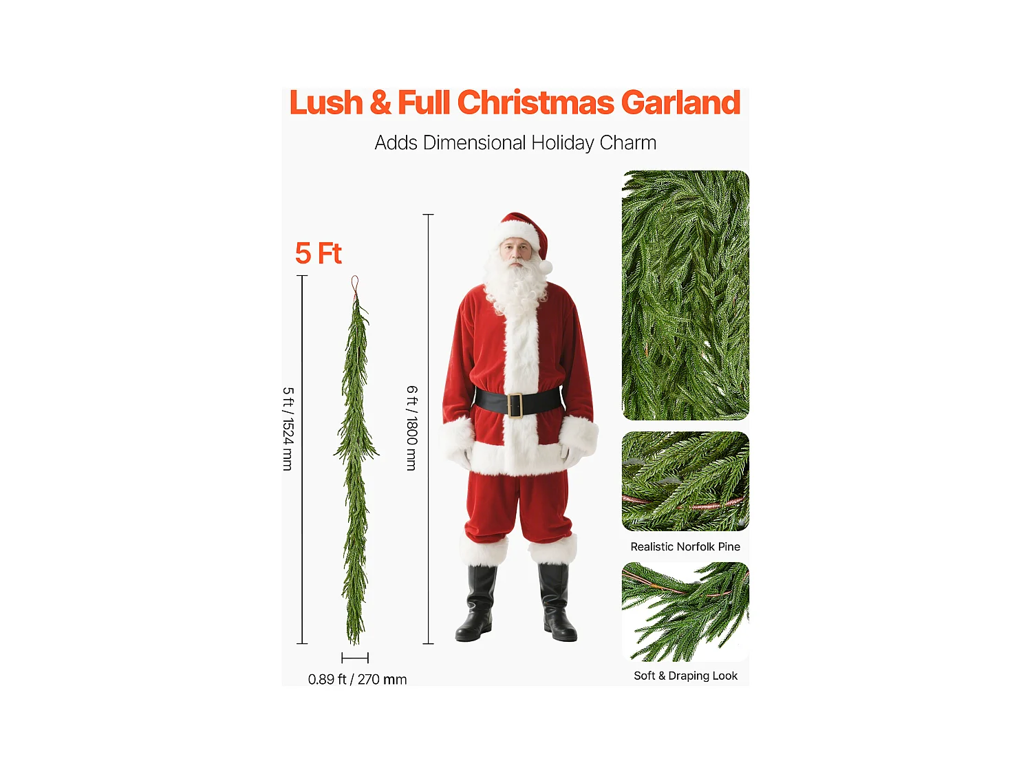 Ghirlanda di Natale SucceBuy, 1,5 m, Ghirlanda di Pino Norfolk Artificiale, Decorazione Natalizia Verde, per Interno, Esterno, su Tavolo, Mensola del Camino