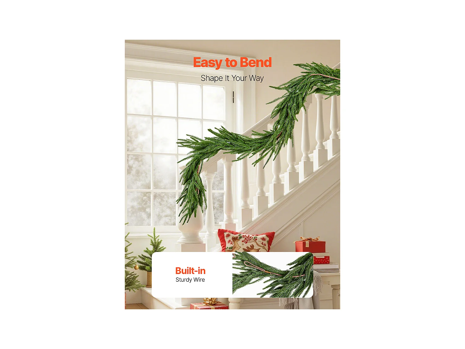 Ghirlanda di Natale SucceBuy, 1,5 m, Ghirlanda di Pino Norfolk Artificiale, Decorazione Natalizia Verde, per Interno, Esterno, su Tavolo, Mensola del Camino