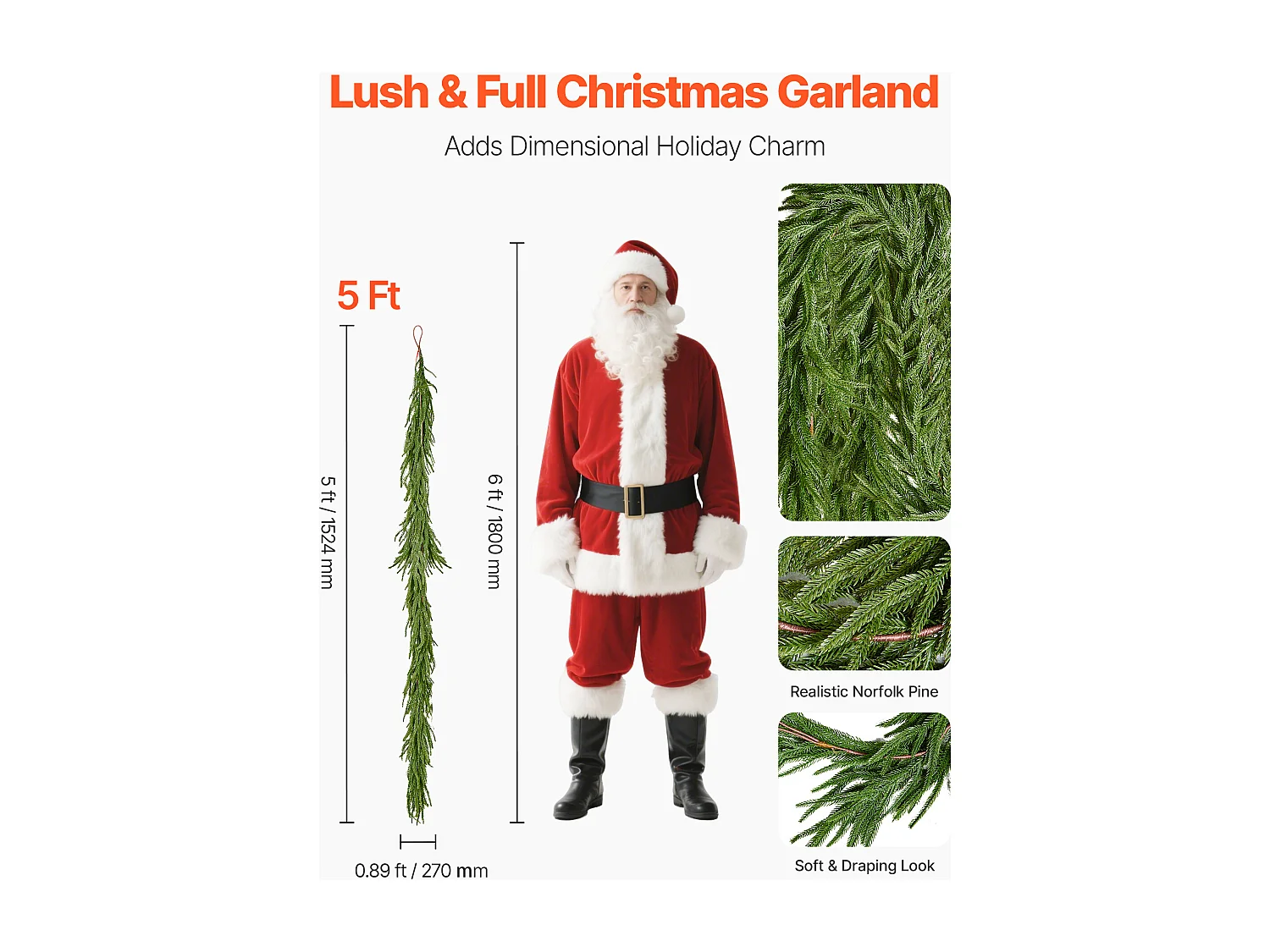 Kerstkrans SucceBuy, 1,5 m, Kunstmatige Norfolk Dennekrans, Groene Kerstdecoratie, voor Binnen, Buiten, op Tafel, Schoorsteenmantel