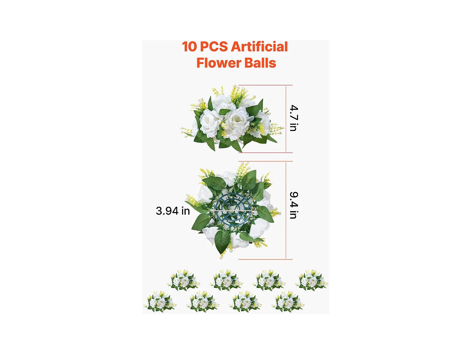Palle di Fiori Artificiali SucceBuy, Lotto di 10, 24 cm, Composizioni di Rose Bianche Artificiali, Fiori Finti Decorativi per Centrotavola