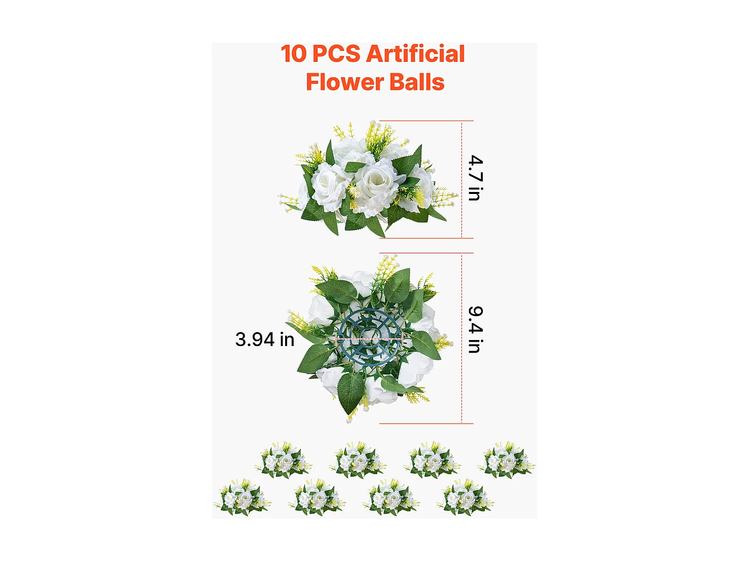 Boules de Fleurs Artificielles SucceBuy, Lot de 10, 24 cm, Compositions de Roses Blanches Artificielles, Fausses Fleurs Décoratives pour Centres de Table