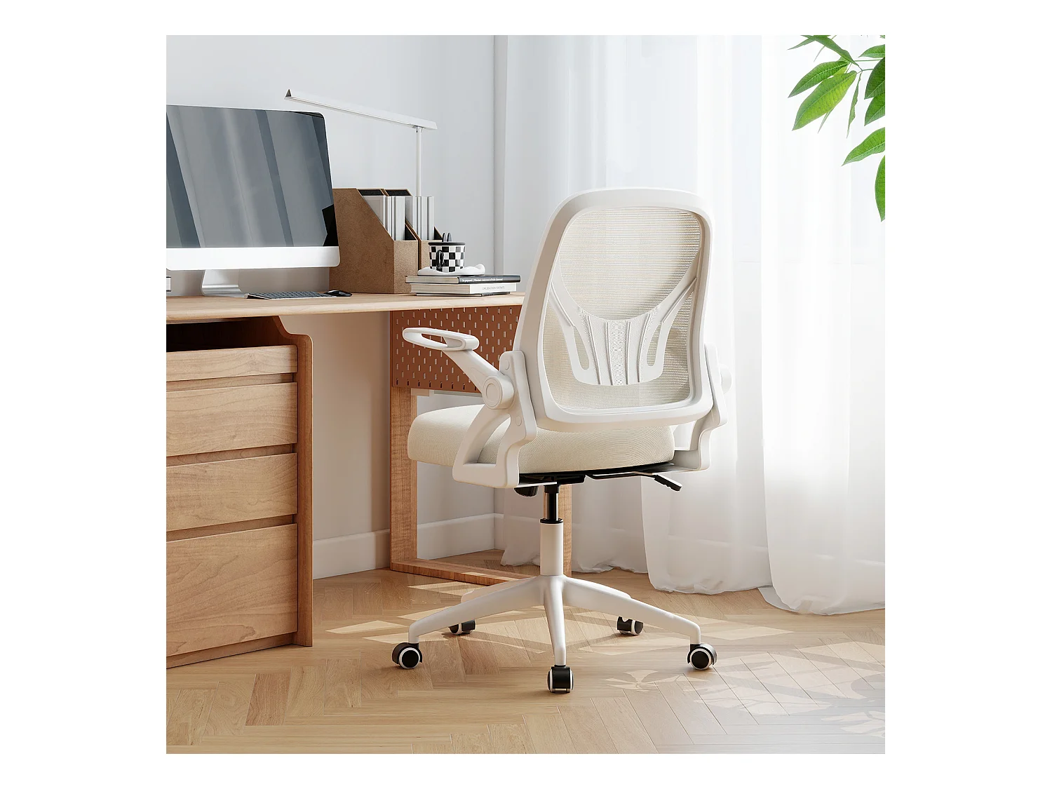 Ergonomischer Bürostuhl mit Hochklappbaren Armlehnen & Wippfunktion Computerstuhl Beige
