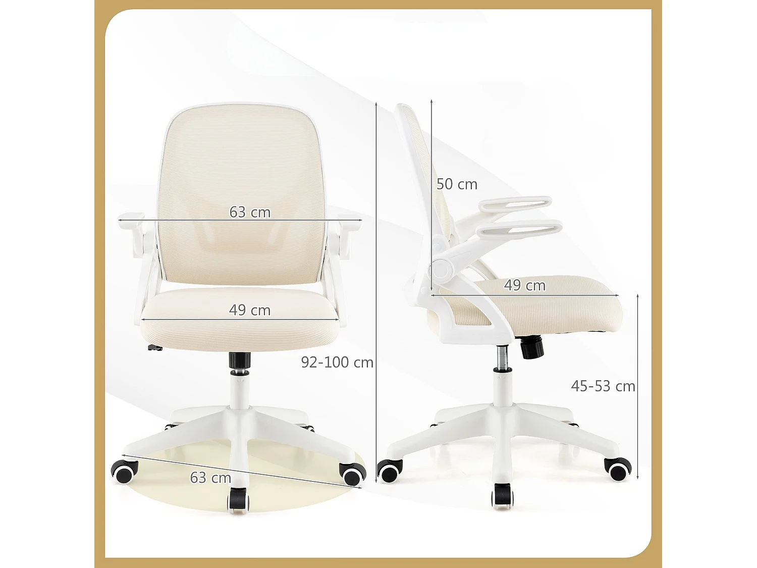 Sedia da scrivania ergonomica in rete con supporto lombare e braccioli ribaltabili, Sedia da lavoro girevole Beige