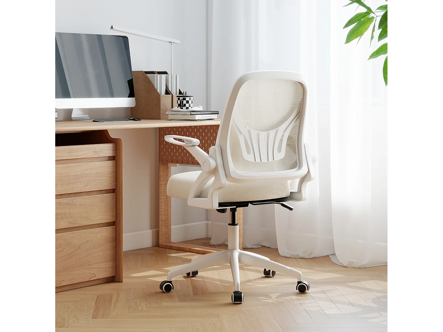 Sedia da scrivania ergonomica in rete con supporto lombare e braccioli ribaltabili, Sedia da lavoro girevole Beige